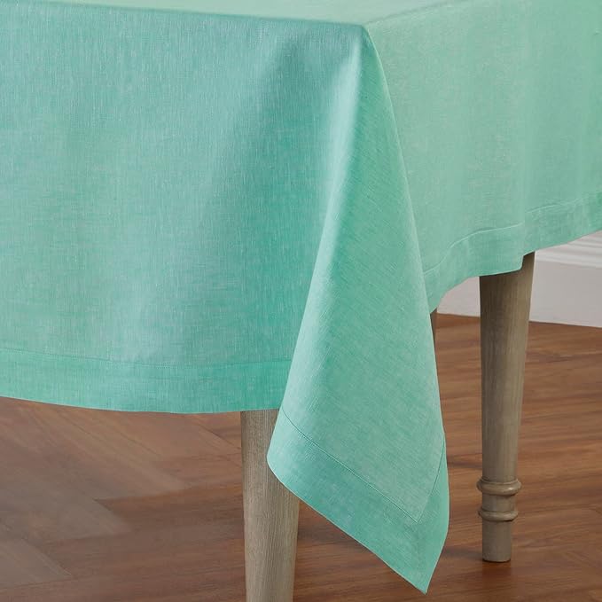 Solino Home Linen Tablecloth 60 x 90 Inch - 100% Pure Linen Chambray Aqua Table Cloth for Rectangle Tables - Athena, Machine Washable Tablecloth for Summer