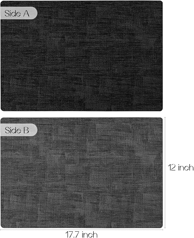 Romanstile Reversible Vinyl Placemats Set of 8, Faux Leather 100% Waterproof Oil-Proof Wipeable Place Mats, Heat Resistant Dual Sided Table Mats for Kitchen/Dining/Party (Grey Black, 12 x 17 Inch)