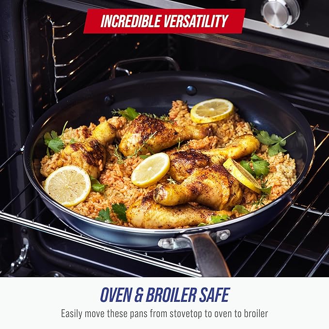 Blue Diamond 14" Nonstick Frying Pan, PFAS Free Ceramic Family Pan, Jumbo Pan with Helper Handle, Diamond Infused Nonstick Skillet, Dishwasher & Oven Safe, Durable, Non Toxic, Metal Utensil Safe, Blue