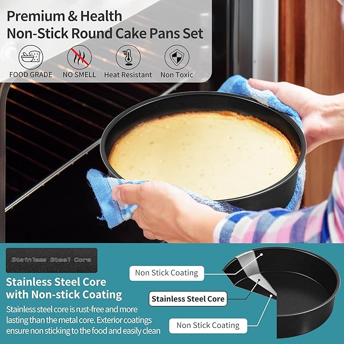 P&P CHEF Non-stick Cake Pan Set of 4, 4/6/8/9.5 Inch Round Baking Cake Pans Tins for Tier Smash Cakes, Non-Toxic & Solid, Stainless Steel Core & Leak-Proof, 4Pcs