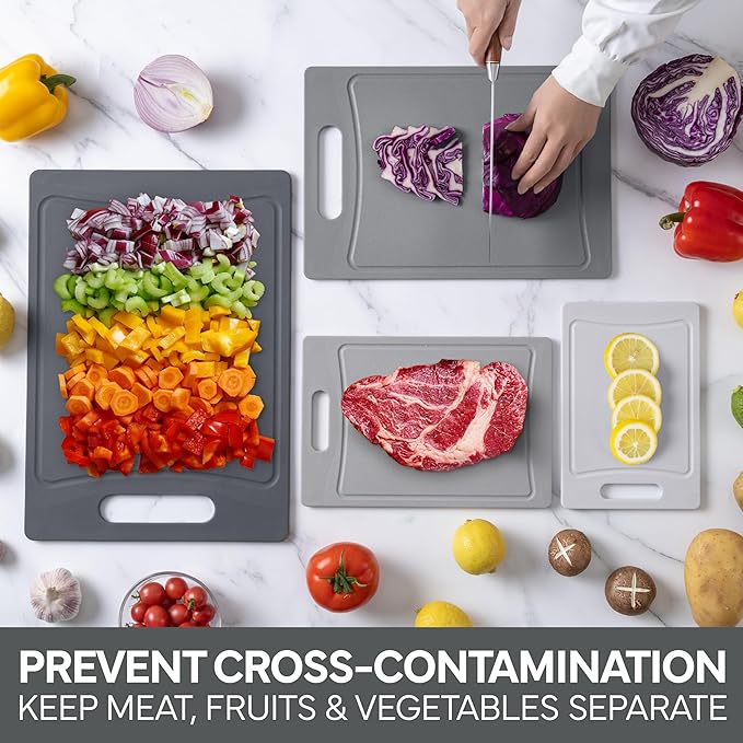 COOK WITH COLOR Non-Slip Cutting Board Set – Kitchen Essentials with Easy Grip Handle for Meat, Veggies, and Fruits, 4 Cutting Boards, Gray-New