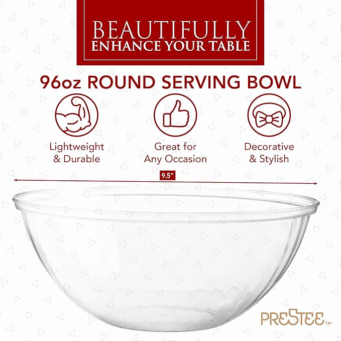 Prestee Clear Plastic Serving Bowls, 96 Oz. 6 Pack - Round Disposable Large Plastic Bowl, Punch, Party, Chip Bowl Containers for Candy, Salads, Parties, and Serving Food - Salad Bowls Dish for Eating