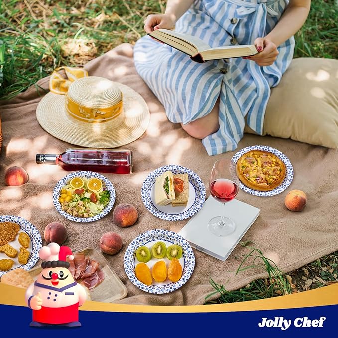 JOLLY CHEF 8.37 inch Disposable Paper Plates 140 Count Soak Proof, Cut Proof, Heavy Duty Printed Disposable Plate for Everyday Use