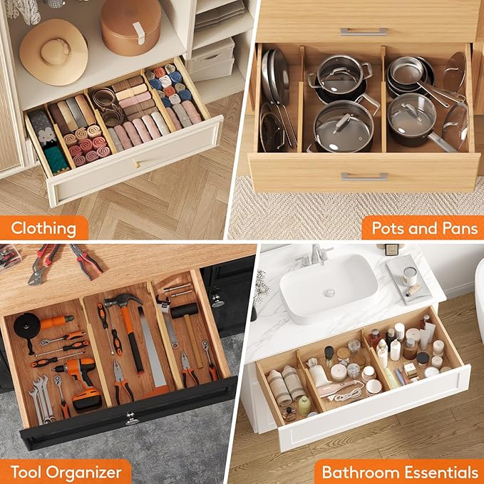 Lifewit 8 Pack Drawer Dividers Bamboo 5" High, 12-17" Adjustable Clothes Drawer Organizers, Expandable Dresser Separators in Bedroom/Bathroom/Kitchen/Office Organization and Storage