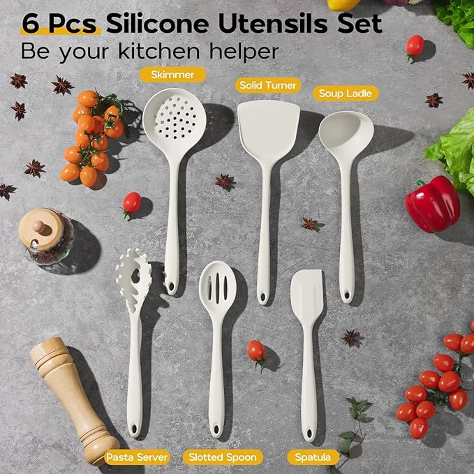 Silicone Cooking Utensils Set, Onader 6 Pieces Kitchen Utensils for Cooking, White Kitchen Utensils Gadget Set of Nonstick Cookware