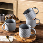 GBHOME 15OZ Stackable Coffee Mugs, Ceramic Coffee Mugs with Texture Patterns for Man,Woman,Dad,Mom, Modern Coffee Cups Set of 4 for Latte/Cappuccino/Cocoa. Dishwasher&Microwave Safe, Gray