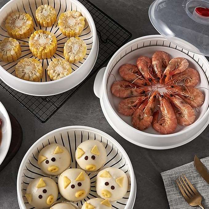 Microwave Steamer - Plastic Vegetable Steamer with Lid, BPA Free, Cookware, Healthy Cooking Quick Fast（Two-layer）