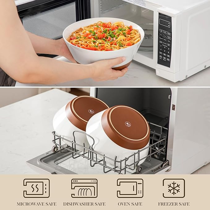 MALACASA Serving Bowls, 105oz Large Salad Bowls for Party, Entertaining, Big Ceramic Bowls for Soup, Fruit and Pho, 2-Pc Wide Bowl Set, White & Brown