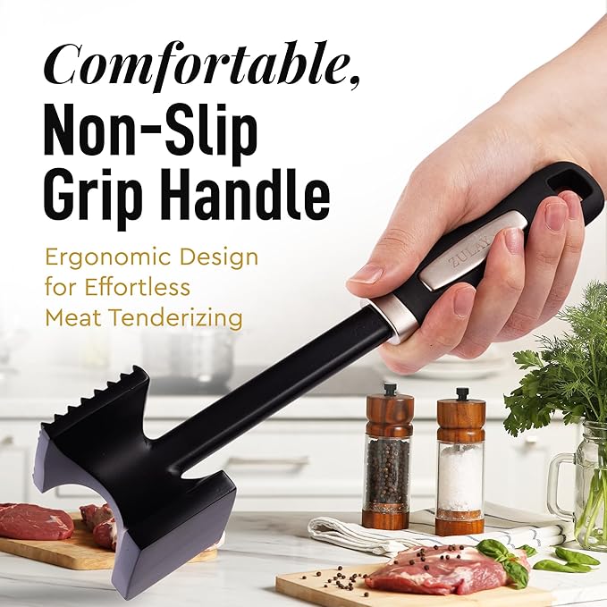 Zulay 10" Meat Tenderizer Hammer – Heavy-Duty Dual-Sided Mallet with Non-Slip Grip – Metal Meat Pounder for Tenderizing Beef, Chicken, Pork & More – Kitchen Tool for Cooking & BBQ - Black