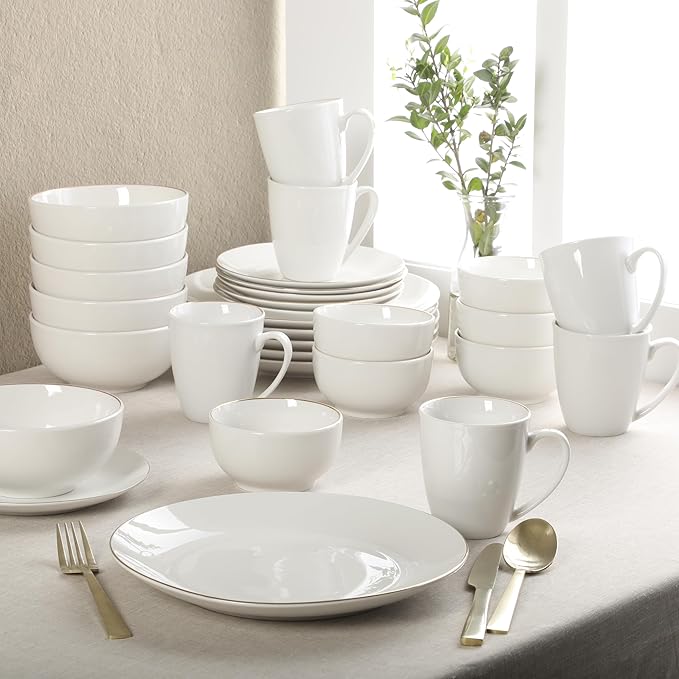 Gibson Home Ogalla 30 Piece Plates, Bowls, & Mugs Dinnerware Set - Service for 6 - White Porcelain W/Gold Band