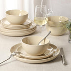 Gibson Home Rockaway 12 Piece Plates and Bowls Matte Glaze Service for 4 Dinnerware Set - Warm Cream - Dishwasher and Microwave Safe