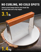 Smash Burger Press 8 Inch, 3.1 Lb Burger Smasher, Heatable for Searing Panini, Steak, Chicken, Salmon, Stainless Steel Bacon Press, Flat Bottom, Seasoning Free, Wooden Handle No Spin