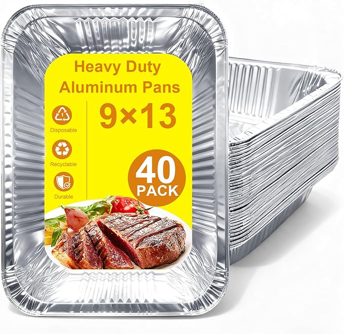 Aluminum Foil Pans 9x13 - Disposable Half Size Deep Steam Table Tin Foil Pans for Oven Baking Cake, Roasting Turkey, Food Prepping, Storing, Freezing, Chafing (40 Pack)