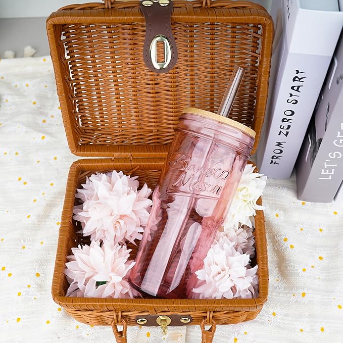 ANOTION Glass Cups with Lids and Straws, 24oz Pink Glass Tumbler Travel Coffee Mug Bamboo Mason Jar Iced Cup Smoothie Tea Clear Cute Water Drinking Jars Glasses