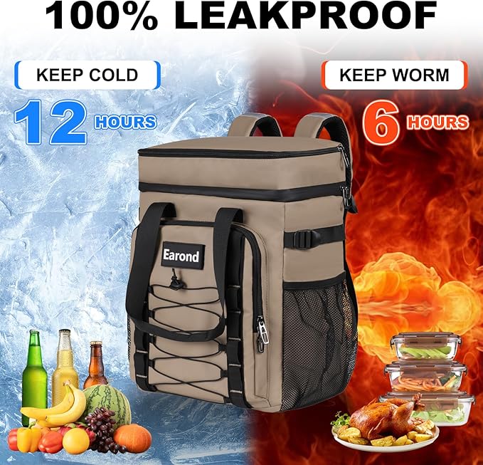 25L Insulated Cooler Backpack with Waterproof Zipper & Multi-Compartment Design Leakproof Lunch Bag for Beach, Camping, Office - Spacious Thermal Light-Weight Backpack for Men and Women-Khaki