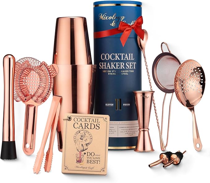 Mixology & Craft Cocktail Shaker Set - 11-Piece Bar Accessories Kit w/Weighted Boston Shaker, Strainer, Jigger, Muddler and More - Home Bartending Tools, Accessories for Bartender, Copper