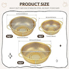 Baderke 3 Pieces Stainless Steel Gold Colander Metal Strainer with Handle Pasta Gold Colander for Kitchen Draining Pasta Rinsing Vegetables Rice Food, 3 Sizes(1-3-5 Quart,Classic)