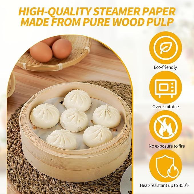 100 PCS Non-Stick Bamboo Steamer Paper, 10" Round Liners with Holes for Steamer Basket, Air Fryer, Bamboo Steamers, and Oven Use