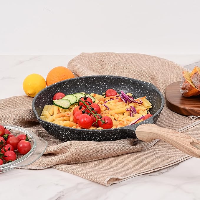 JEETEE Nonstick Frying Pans Skillet with Lid, 12.5" Granite Non-Stick Frying pan, Aluminum Pans with Bakelite Handle, Compatible with All Stovetops (Gas, Electric & Induction), Grey
