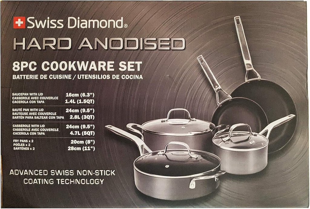 Swiss Diamond Hard Anodized 8 Piece Cookware Set, Nonstick Diamond Coated Hard Anodized Aluminum Cookware Set, Includes Lids, Dishwasher Safe and Oven Safe Cookware Set, Grey