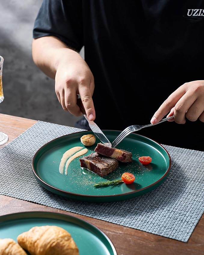 Famiware Mercury Plates and Bowls Sets, 18 Pieces Stoneware Dinnerware Sets, Dishes Set for 6, Microwave and Dishwasher Safe, Dark Green