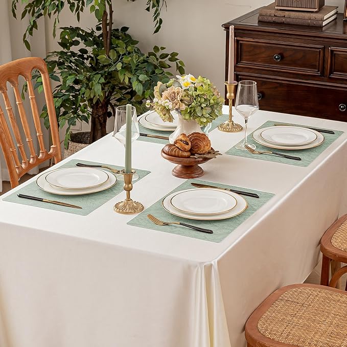 Romanstile Vinyl Placemats Set of 6-12 X 18 Inch - Heat Resistant Non-Slip Embossed Floral Place Mats 100% Waterproof Oilproof Wipeable Faux Leather Table Mats for Kitchen/Dining/Party, GrassGreen