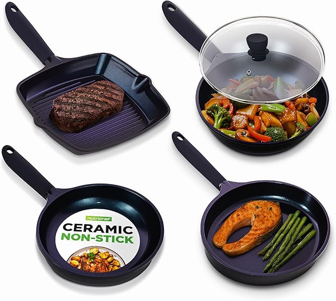 NutriChef NonStick Frying Pans – 5-Piece Skillet Set with Ceramic Coating, Wok, Grill, Fry & Fish Pans – Compatible with All Cooktops, Including Induction – Cool-Touch Handles, Easy-Clean