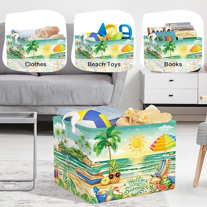 Summer Tropical Beach Storage Basket Collapsible Clothes Kid Laundry Hamper Palm Tree Large Picnic Basket Boy Girl Book Toy Box Bin, Green, 36L