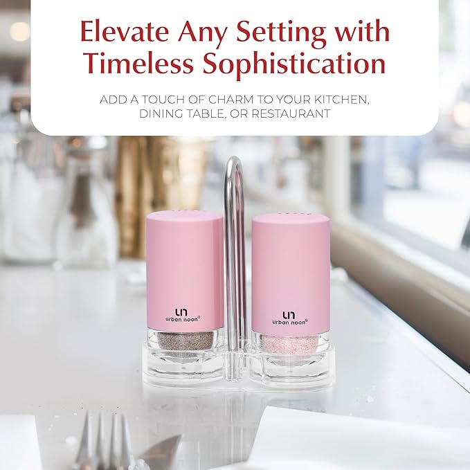 Signature Petal Pink Salt and Pepper Shakers with Holder - Elegant Stainless Steel Salt Shaker and Pepper Shaker Set with Acrylic Holder for Kitchen Counter or Restaurant Table (2-Piece Set)