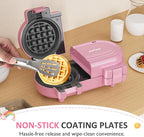 Sunvivi Double Belgian Waffle Maker with Dual Removable Nonstick Plates, Stainless Steel Round Waffle Iron, Fast Preheat, Flip-Style Easy One-Button Operation, PFOA-Free, Pink