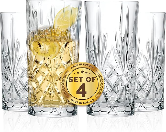 Barski Highball Glass - Drinking Glasses - Set of 4 - Hiball Tumblers - Glass Crystal Tumbler - for Water, Juice, Beer, Mixed Cocktails, Mojito Glass, Tom Collins Bar Glassware, 12 oz, Made in Europe