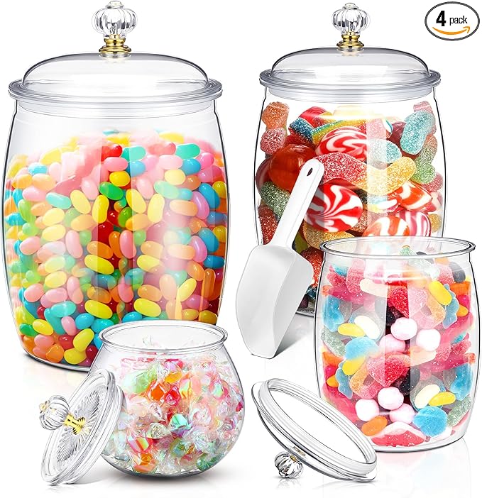 Nuogo 4 Pcs Plastic Candy and Cookie Jars with Lids Clear Cookie Container Candy Jars Large Airtight Apothecary Storage Organization for Wedding Home Kitchen Bar(30/42/64/128 oz)