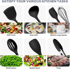 TeamFar Silicone Cooking Utensils, 10 pcs Kitchen Cooking Utensils Set, 446°F Heat Resistant Kitchen Gadgets Tools Set w/Spatula, Turners, Spoons, Soup Ladle, Pasta Server for Nonstick Cookware, Black
