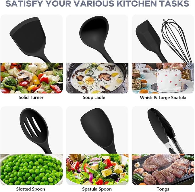 TeamFar Silicone Cooking Utensils, 10 pcs Kitchen Cooking Utensils Set, 446°F Heat Resistant Kitchen Gadgets Tools Set w/Spatula, Turners, Spoons, Soup Ladle, Pasta Server for Nonstick Cookware, Black