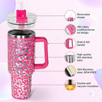 sweet grain 40 oz Tumbler with Handle and Straw - Cheetah Print Stainless Steel Insulated Tumblers, Cupholder Friendly, Perfect Leopard Tumbler Gifts for Women Men - Rose Red