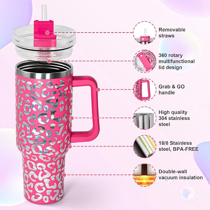 sweet grain 40 oz Tumbler with Handle and Straw - Cheetah Print Stainless Steel Insulated Tumblers, Cupholder Friendly, Perfect Leopard Tumbler Gifts for Women Men - Rose Red