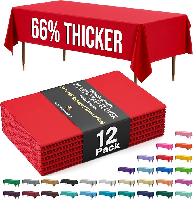 Party Solids 66% Thicker Premium Plastic Table Cloth Rectangle Table Cover 0.5 Mil 12 Pack Red Table Cloth 54 Inch x 108 Inch Disposable Tablecloth Won't Tear Easily Like Cheap Thin Brands