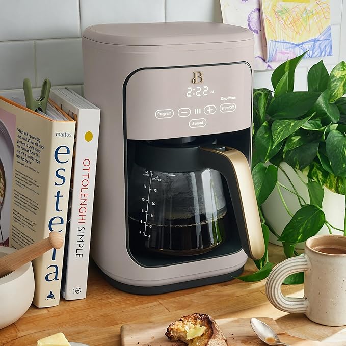 Beautiful by Drew Barrymore 14-Cup Programmable Drip Coffee Maker, Touch-Activated Display, Fast 14-Min Brew, Bold Strength, Keep Warm 4 H, Gold Filter (Porcini Taupe)