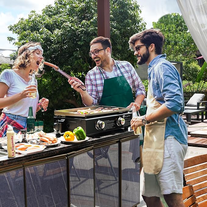 KingChii 19" Tabletop 2-Burner Griddle Portable Gas Grill with Rear Grease Trap, Powder Coated Steel, Black