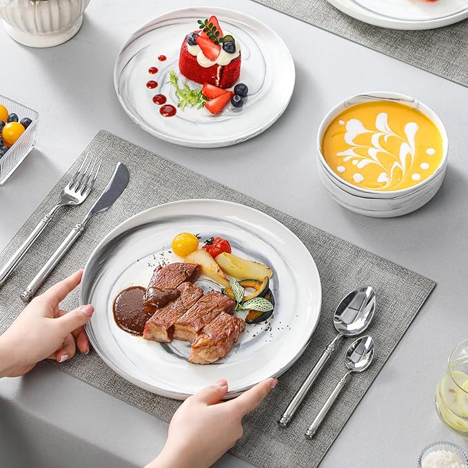 MALACASA Plates and Bowls Sets, 12 Pieces Porcelain Dinnerware Sets Dishware Sets Chip Resistant Ceramic Dish Set Dining Dinner Ware Service for 4, Marble Grey, Series LUNA
