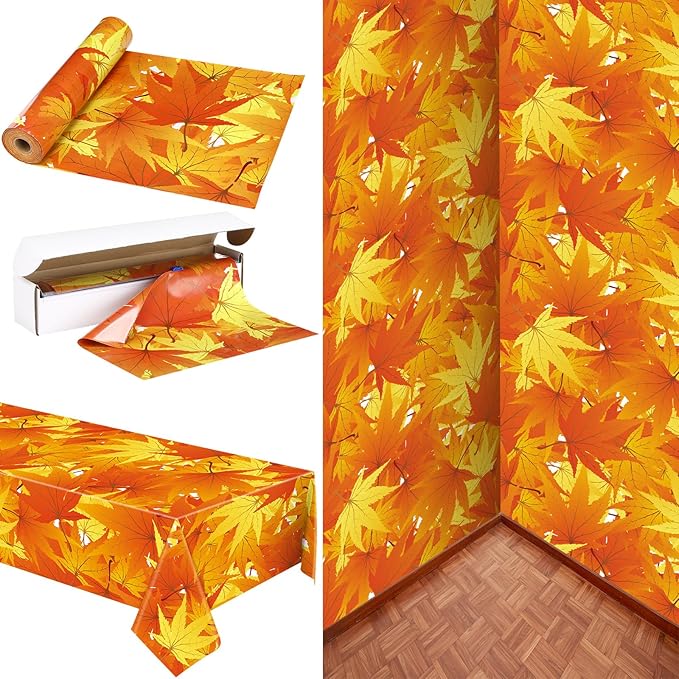 Tudomro 54 Inch x 100 Ft Fall Tablecloth Roll, Fall Party Supplies, Waterproof Plastic Autumn Leaves Tablecloth Disposable Table Cover for Thanksgiving Birthday Party Decorations