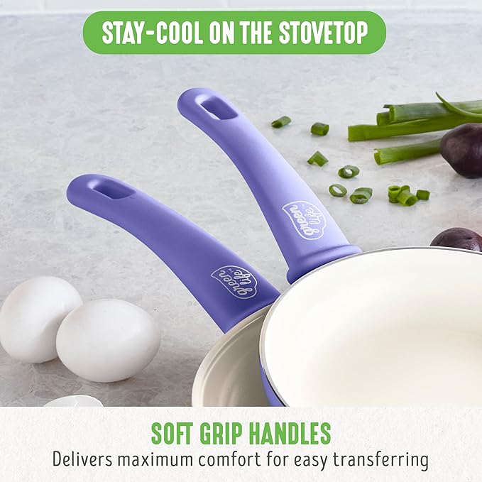GreenLife 16 Piece Nonstick Cookware Set, Soft Grip Non-Toxic PFAS-Free Ceramic Pots & Pans, Dishwasher & Oven Safe, Frying, Sauce, Utensils, Glass Lids, Stay-Cool Handles, Wobble Free, Periwinkle