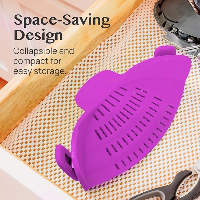 Kitchen Gizmo Snap N Strain Pot and Pasta Strainer - Strainers and Colanders - Adjustable Silicone Clip On Strainer for Pots, Pans, and Bowls - Kitchen Colander - Purple