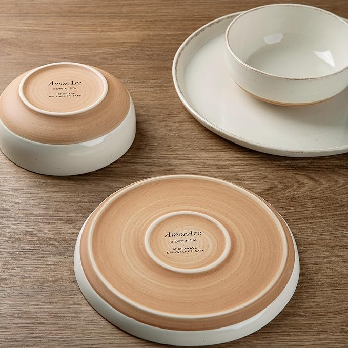 AmorArc 18 Pieces Ceramic Dinnerware Sets for 6, Handpainted Stoneware Plates and Bowls Set with Rustic Terracotta Underside, Scratch Resistant Dishes Set, Dishwasher & Microwave Safe