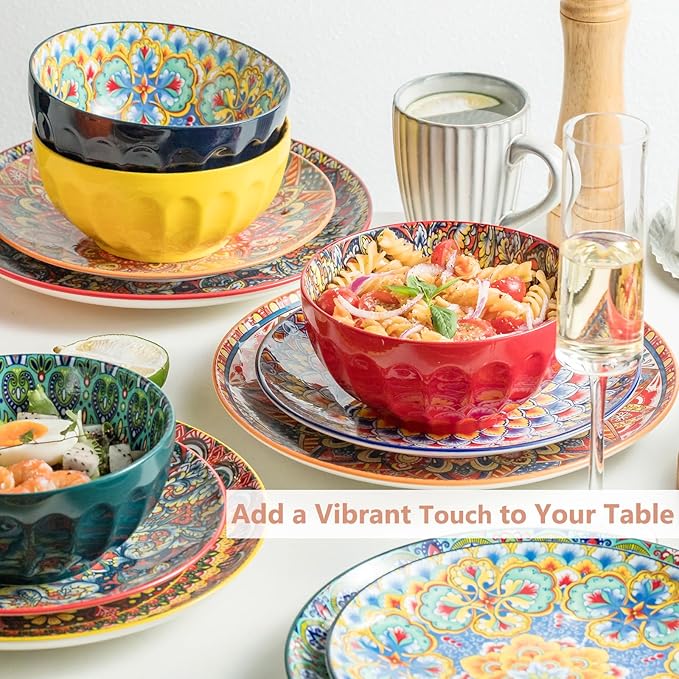 Cereal Bowls Set of 6, Bohemian Soup Bowls, 30 oz Colorful Ceramic Serving Bowls for Kitchen, Breakfast, Boho Decorative Bowl, Microwave Oven Safe Bowl for Salad, Pasta, Oatmeal