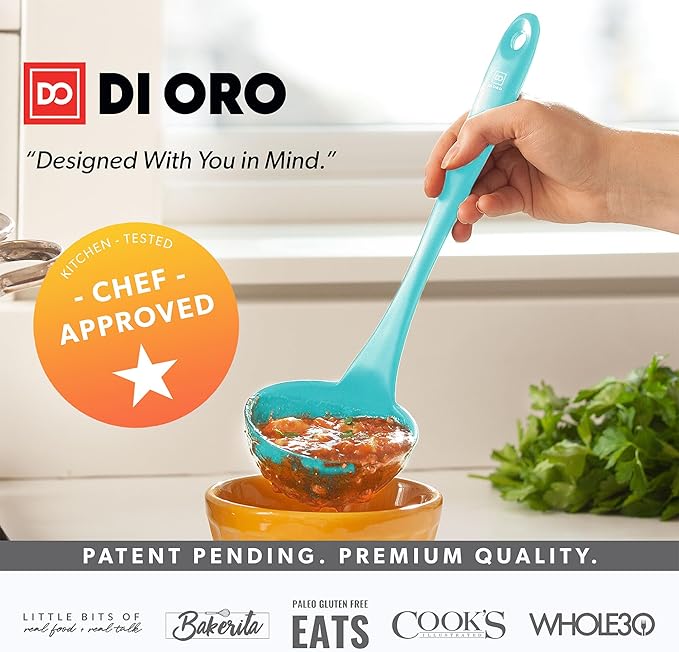 DI ORO Silicone Ladle - Heat-Resistant Large Kitchen Soup Spoon for Cooking & Serving - Nonstick Cookware Safe With Wide Bowl - Dishwasher Safe Utensil (Teal)