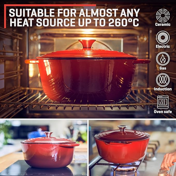 Uno Casa Enameled Cast Iron Dutch Oven - Red - 6Qt Dutch Oven Pot with Lid, Long-Lasting Enamel Casserole Dish for Bread Baking, Stews, and Roasting - Durable Non-Stick Iron Cookware for Versatile Cooking