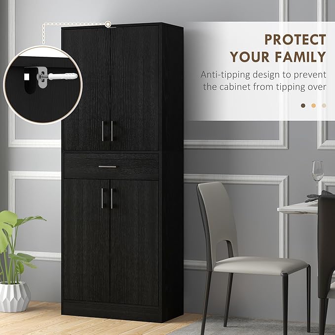 HOMCOM 71" Kitchen Pantry Cabinet with Drawer and Adjustable Shelf, Freestanding Tall Storage Cabinet with 2 Double Door Cupboards, Distressed Black