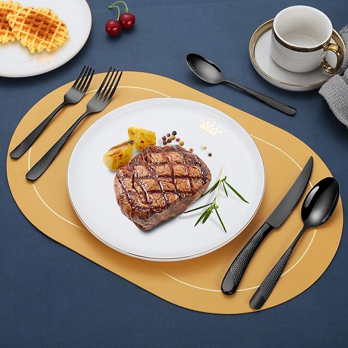 Lemeya 40-Piece Hammered Black Silverware Set for 8 with Serrated Forging Knives,18/10 Stainless Steel Modern Flatware Set,Unique Cutlery Set Spoons and Forks Set,Mirror Polished,Dishwasher Safe