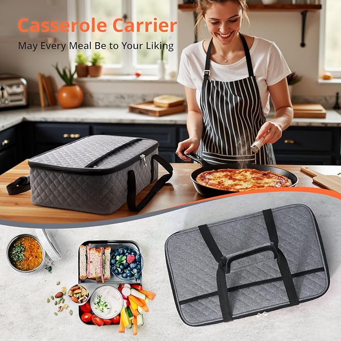 Casserole Carrier - Large Portable Insulated Food Carrier for Hot or Cold Food, Lunch Tote Warmer or Cooler Bag, Lasagna Lunch Bag for Work Picnic Hiking Beach - Fits 16" x 10"Baking Dish-Grey